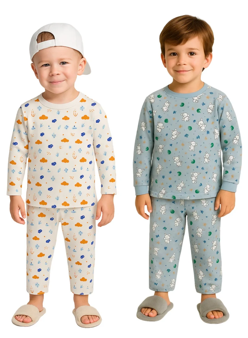 لؤي لؤي® طقم كومبو مطبوع من القطن بنسبة 100% | أزياء فائقة النعومة، أنيقة وراقية | تيشيرت بأكمام طويلة وبنطال مريح - أبيض وأزرق.